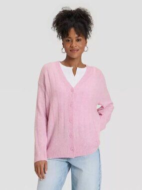 Women's V-Neck Knit Ribbed Cardigan Sweater - Universal Thread Pink M
